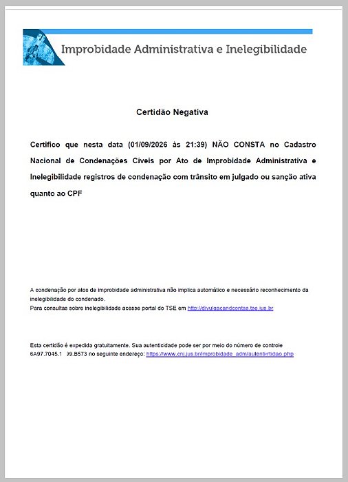 CNJ Certidão de improbidade administrativa e inelegibilidade