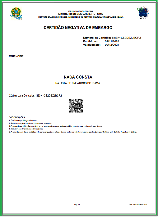 Certidão do IBAMA - Certidão de Embargos