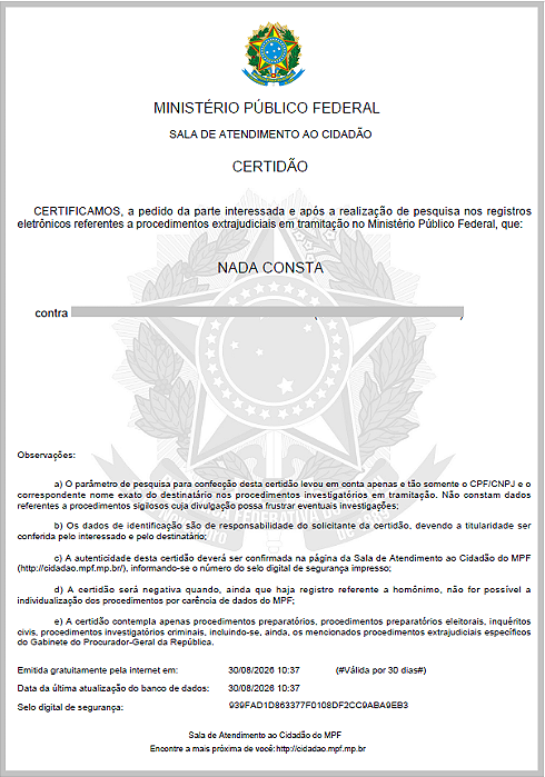 Certidao negativa do ministério publico federal