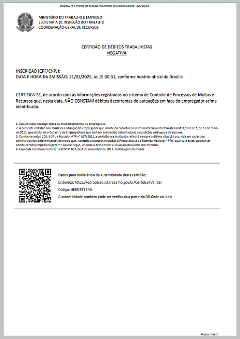 Certidão Negativa de Infrações Trabalhistas