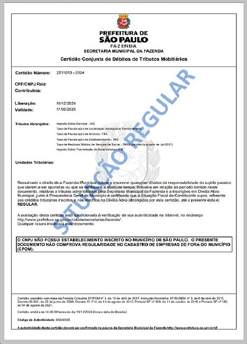 Certidão Conjunta de Tributos Municipais Mobiliário e Imobiliário - SEFAZ