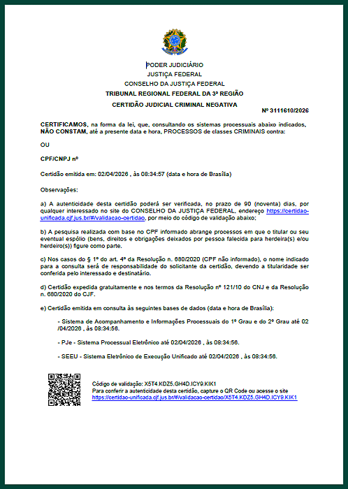Certidão Judicial Federal de primeira Instância - Criminal, Civel e Fins Eleitorais
