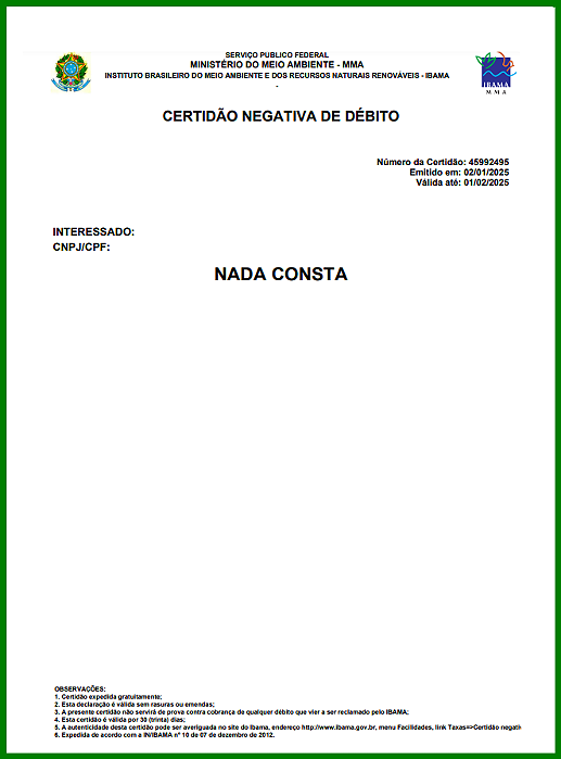 Certidão Negativa de Débitos do Ibama