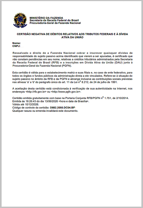 Receita Federal - Certidao Negativa