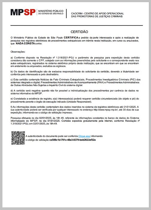MP - Certidão Negativa de inquérito Criminal