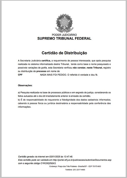 STF - CERTIDAO DE DISTRIBUIÇÃO