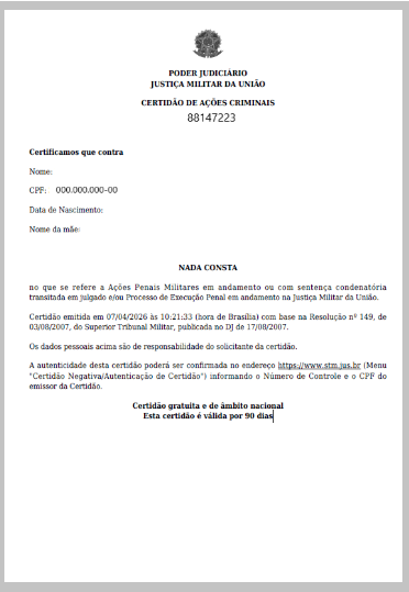 Certidão de Ações Criminais da Justiça Militar