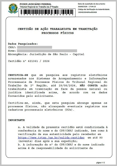 Certidão de Ação Trabalhista em Tramitação