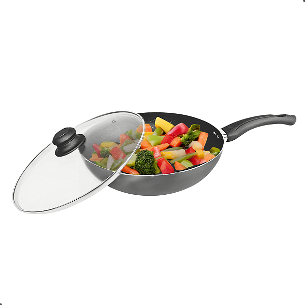 Frigideira Wok Antiaderente Com Tampa de Vidro
