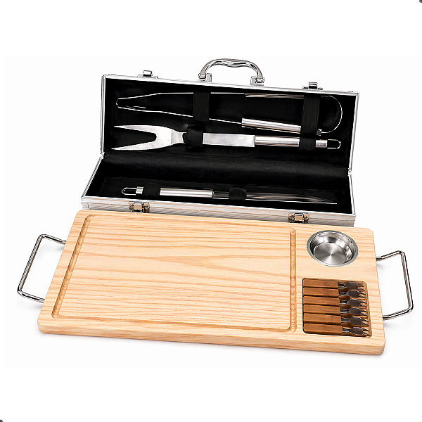 Kit Churrasco Completo Tábua de Corte Pinus e Estojo de Churrasco
