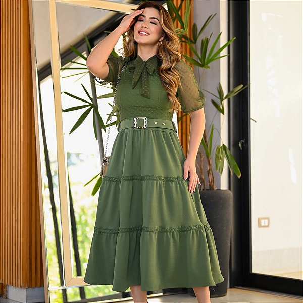 Vestido Moda Evangélica Longo Femenino Com Cinto