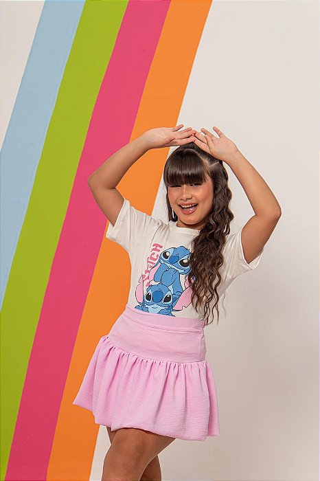 Combinadinho  Short Saia Balonê (Stitch Rosa)