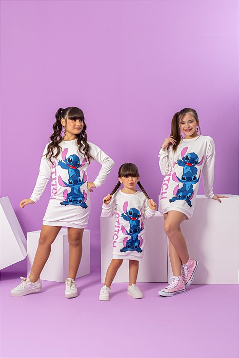 Vestido Infantil Moletinho Stitch - Branco