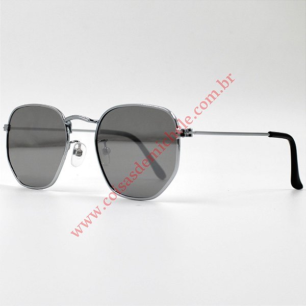 Óculos de sol Miami hexagonal prata lente cinza espelhada