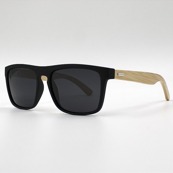 @ Óculos de sol Ilhabela polarizado preto fosco emborrachado com haste em madeira bambu