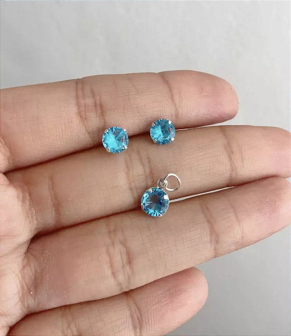 @ Conjunto ponto de luz zircônias azul 6mm  - Prata 925