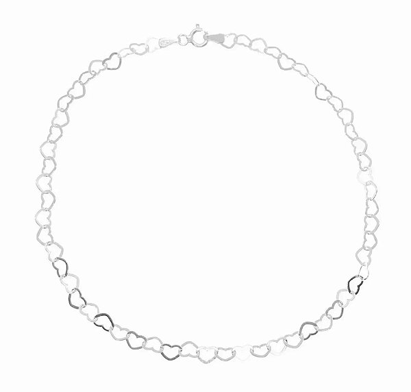 Tornozeleira elos de  corações 3mm 24cm - Prata 925