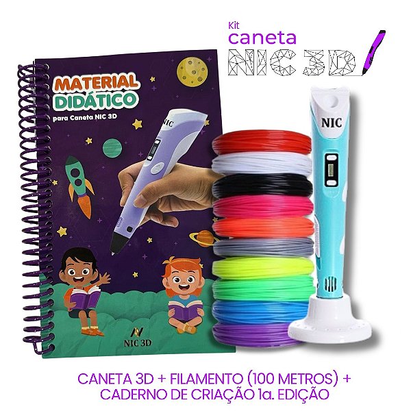 KIT – Caneta 3D Azul + 100 Metros de Filamentos + Caderno de Impressão 3D 1º edição