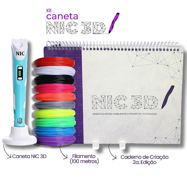 KIT – Caneta 3D - Azul + 100 Metros de Filamentos + Caderno 2° Edição