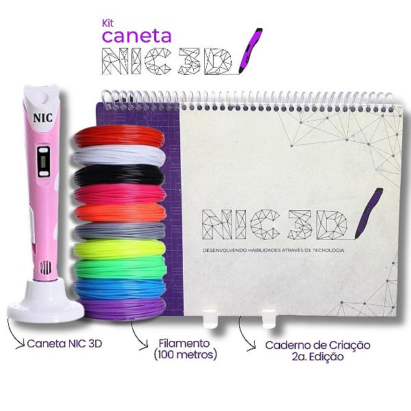 KIT – Caneta 3D - Rosa + 100 Metros de Filamentos + Caderno 2° Edição