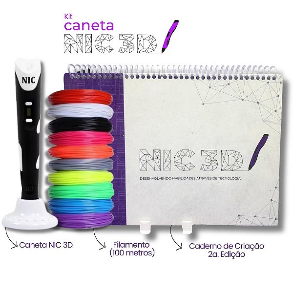 KIT – Caneta 3D - Preta + 100 Metros de Filamentos + Caderno 2° Edição