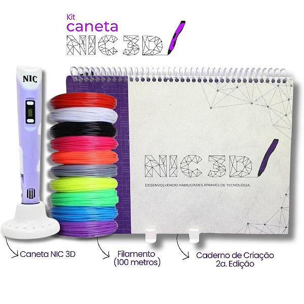 KIT – Caneta 3D - Lilás + 100 Metros de Filamentos + Caderno 2° Edição
