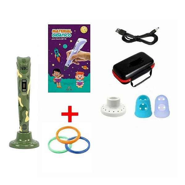Kit Caneta 3D NIC 3D com Estojo + Material Didático V1 + Filamento PLA
