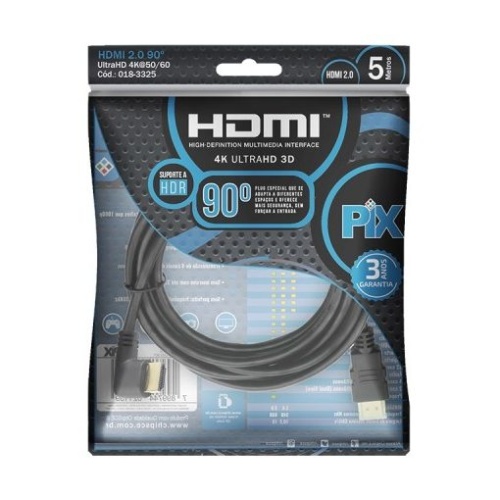 Cabo Hdmi L 5m 90 Graus Blindado 2.0 Ethernet 5 Metros 4k 3d018-3325