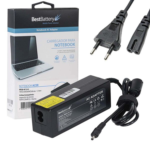 Fonte Carregador Para Notebook Acer 19V 3.42A 65W 3,00*1,00mm