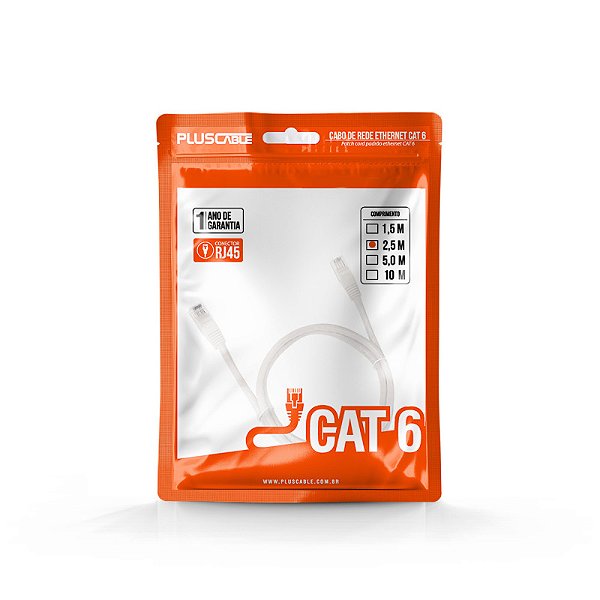 Cabo de Rede Cat.6 2.5M PC-ETH6U25WH Patch Cord PlusCable