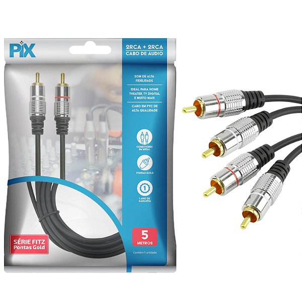 Cabo Áudio Rca Stereo Plug De Metal 2x2 Fitz-A3 5 Metros