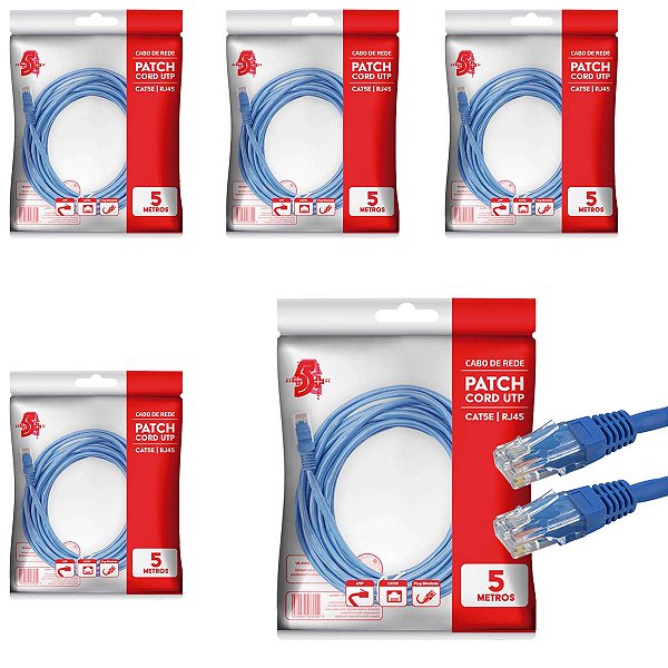 5x Cabo De Rede Internet Gigabit Cat5e Até 1gb Azul 5 Metros