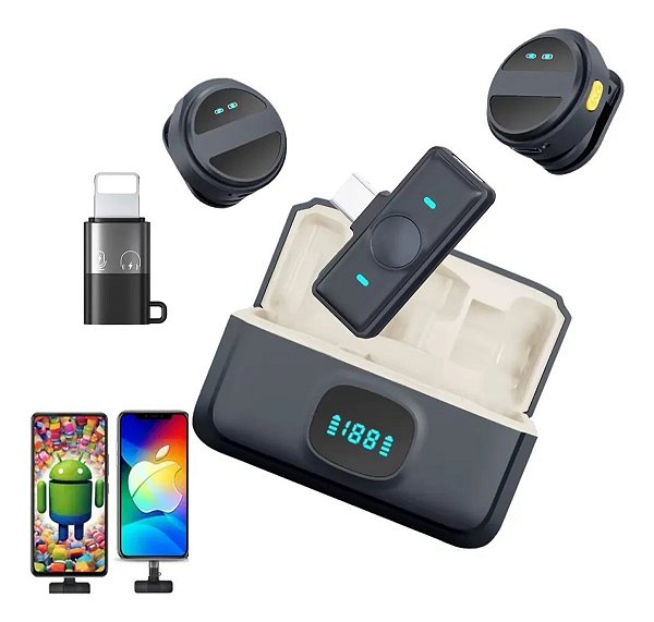 Microfone Lapela Redondo Ima Sem Fio Duplo USB-c e adaptador