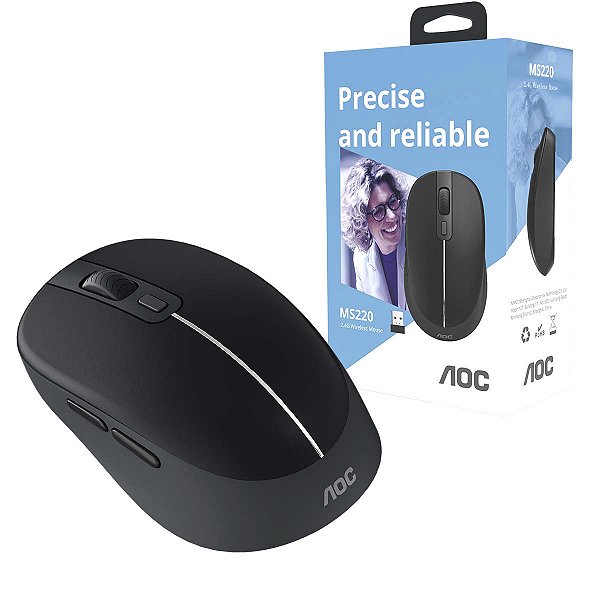 Mouse Optico Sem Fio Aoc 2,4Ghz Office Preto 1600dpi Ms220B