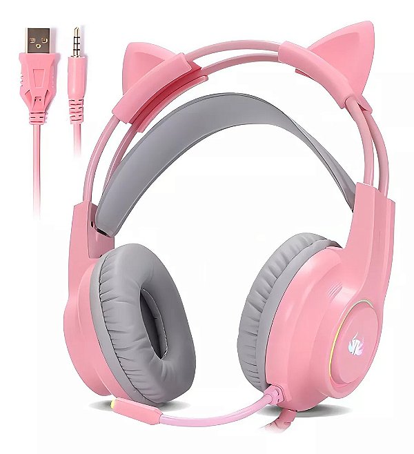 Fone Headset Gamer Orelha De Gatinho Rosa Ps4 Ps5 Xbox Pc