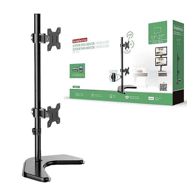 Suporte Para 2 Monitores Vertical De Mesa 13 A 27" Brasforma