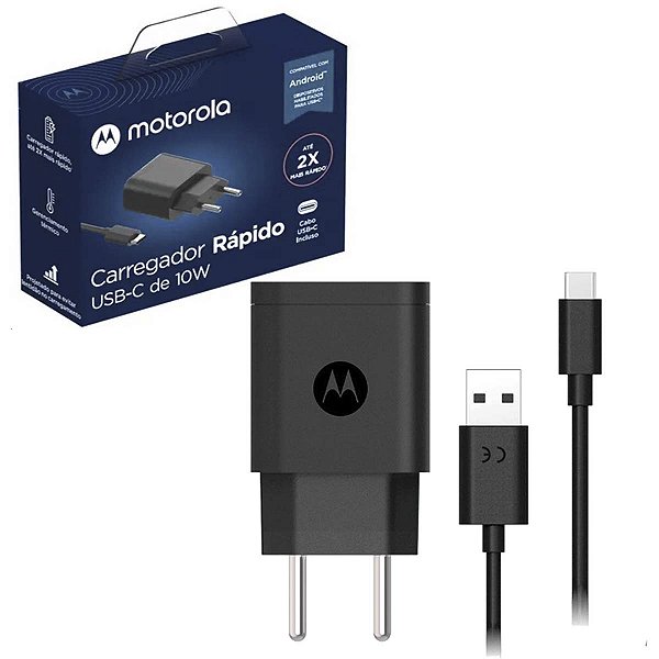 Carregador De Parede Motorola 10W Saida Usb A Com Cabo Usb C