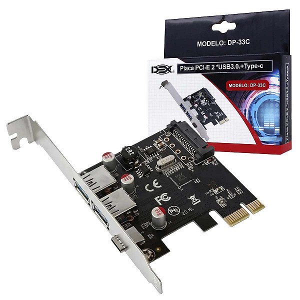 Placa PciE x1 2 Portas Usb 3.0 1 Porta Usb C 3.1 Low Profile