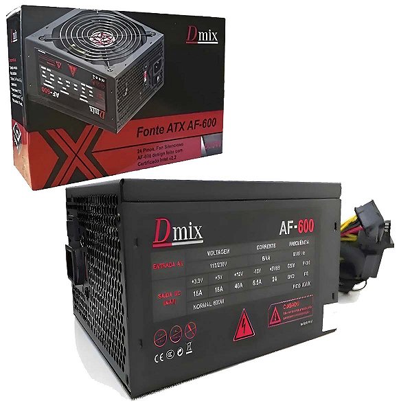 Fonte Atx 600w Dmix 24 Pinos 6 Sata Bivolt Chaveada AF-600