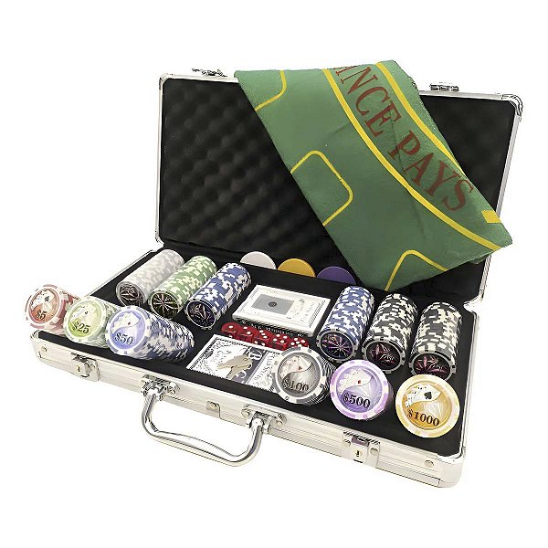 Maleta Kit Jogo Poker 300 Fichas Oficiais Baralho Dados