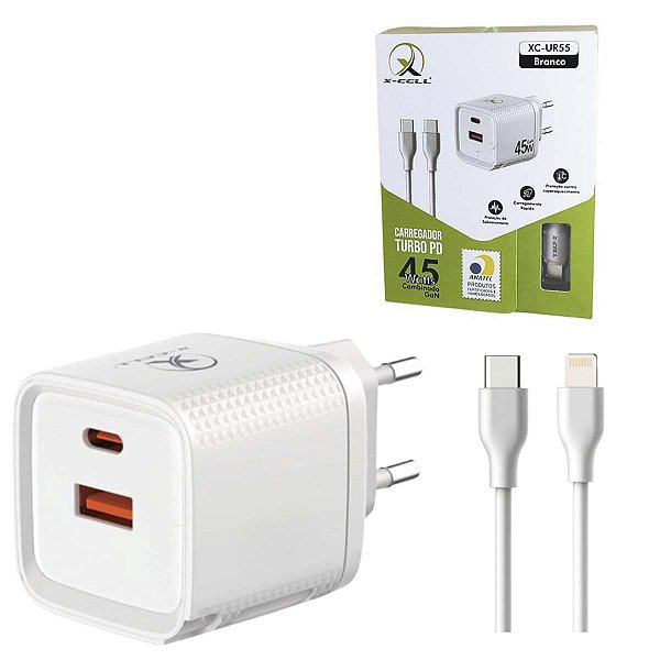 Carregador Turbo Tomada 45w Usb C Para Iphone Lightning 1m