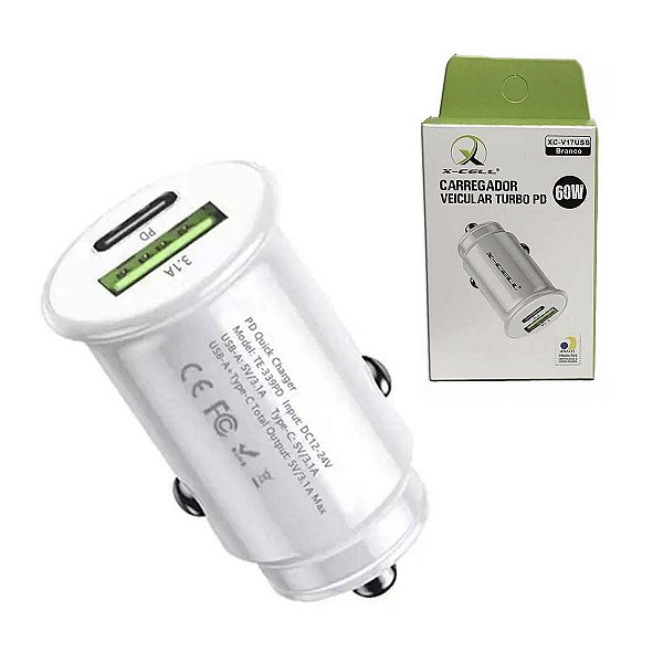 Carregador Veicular Turbo Usb C e Usb 60w PD X-cell Branco