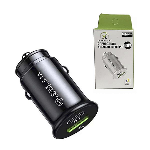 Carregador Veicular Turbo Usb C E Usb 60w Pd X-cell Preto
