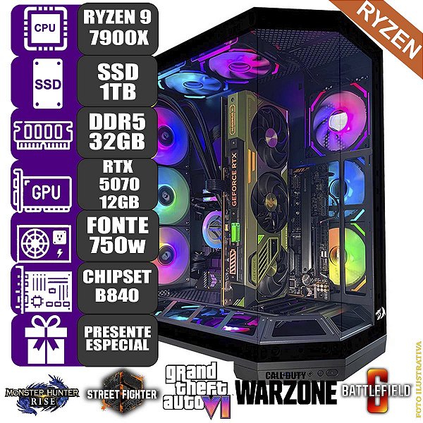 Computador Pc Gamer Mdi Ryzen 9 7900X 32GB RTX 5070 12GB 1TB