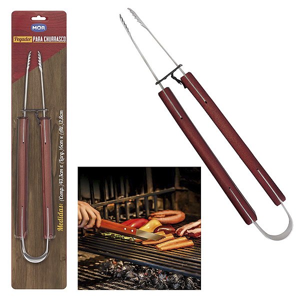 Pegador De Carne Grande Pinça Churrasco Inox Cabo Madeira