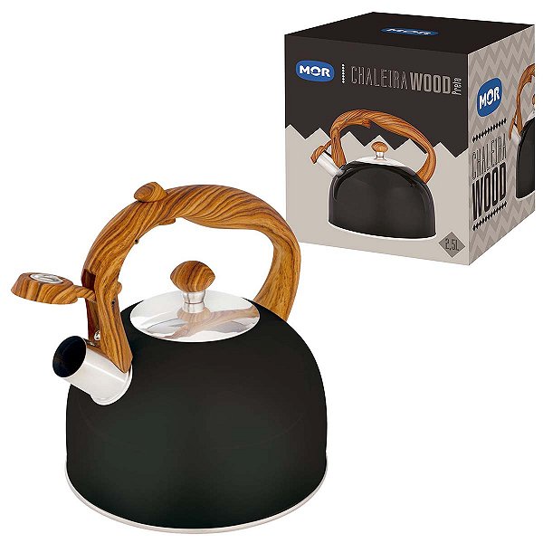 Chaleira Wood 2,5 Litros Preta Em Aço Inoxidável Mor Madeira