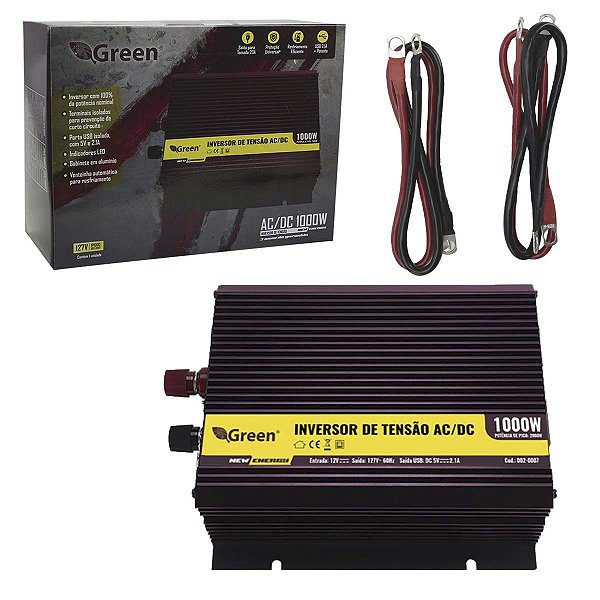 Inversor Conversor Tensão 12v P/ 127v 1kVA 1000W Usb Green