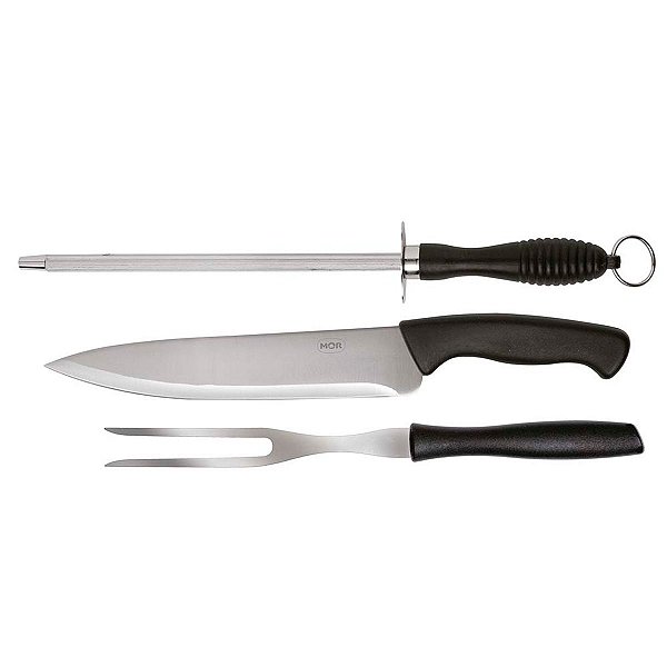 Kit Churrasco  Faca Chaira Garfo Aço Inox Assador Mor 3338
