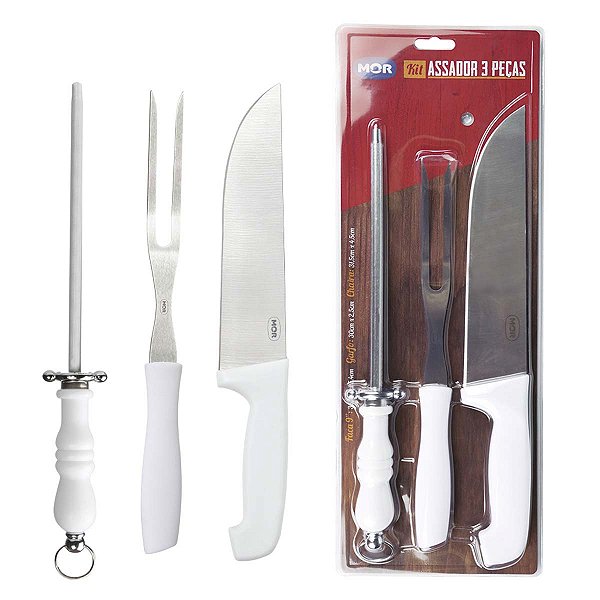 Kit Do Assador Churrasco Faca 9" Garfo E Chaira Mor 3310