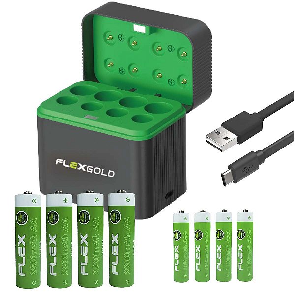 Carregador De Pilhas Usb C C/ Indicador + Pilhas 4AA e 4AAA